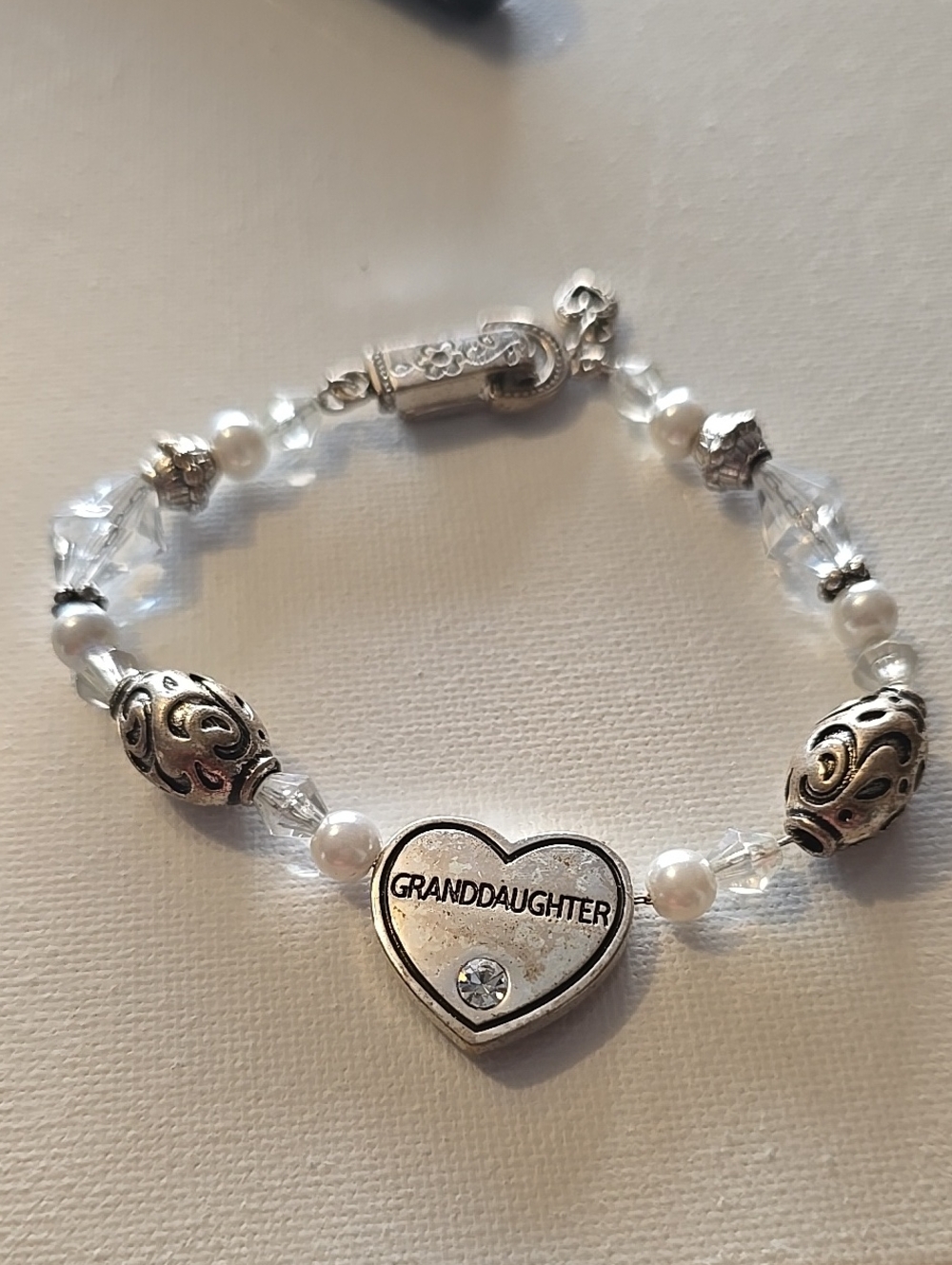 Brighton Silver Granddaughter Heart Bracelet with Clear and Pearl Beads